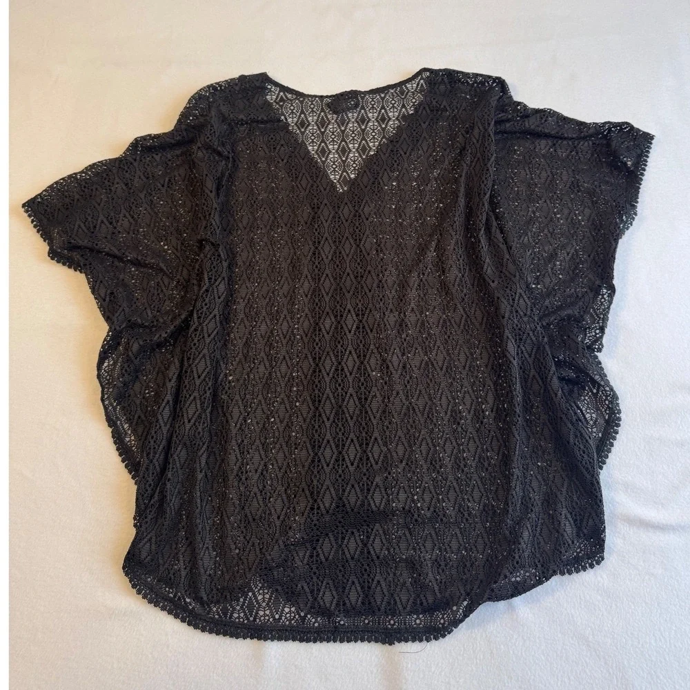 Boho Catalina Swim Cover Up Women Medium Black Crochet Lace‎ Geometric Kaftan